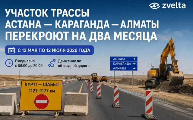 Трассу Астана — Караганда — Алматы частично закроют до 12 июля 2026 года